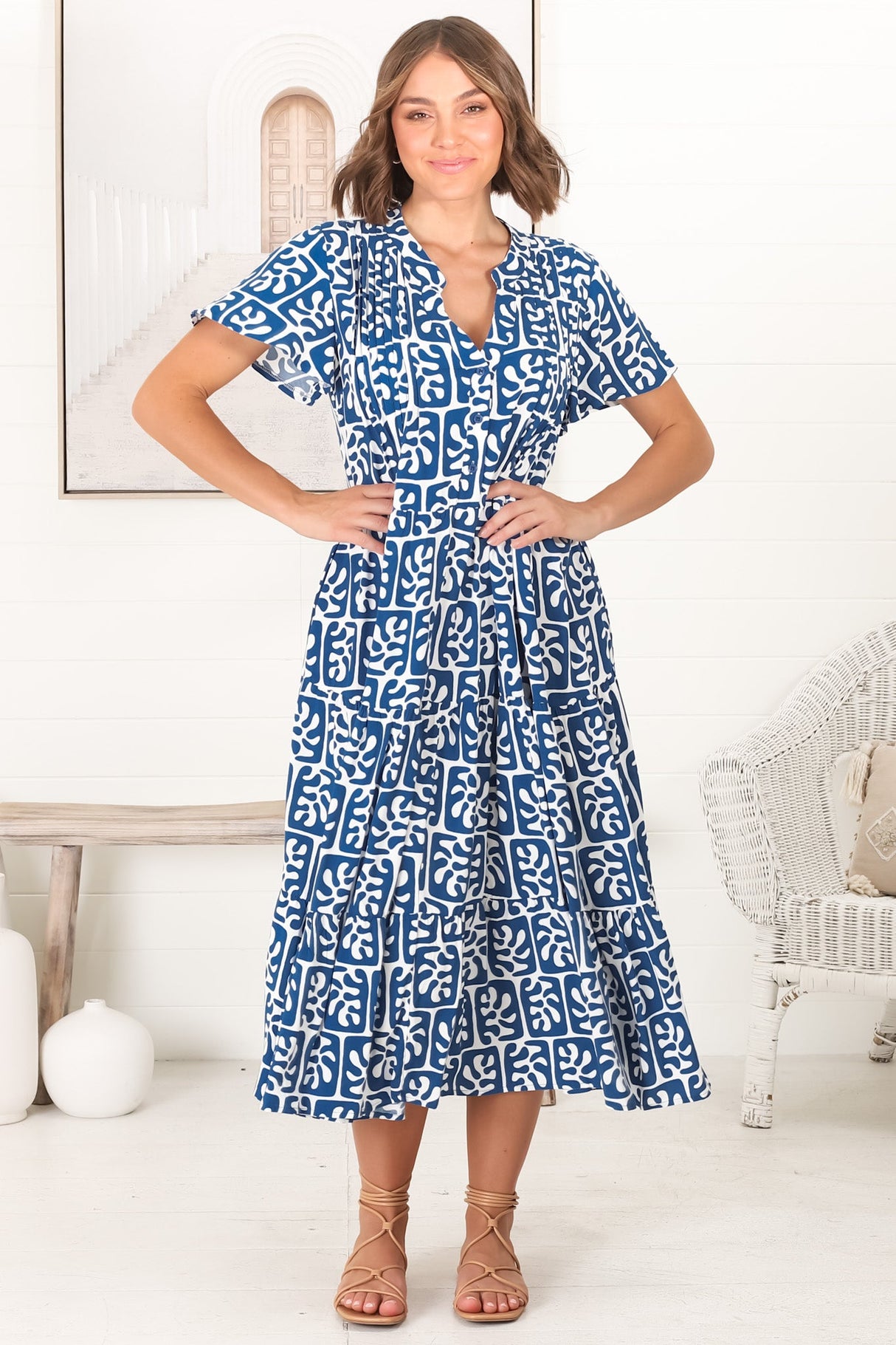 Peggy Midi Dress - Relaxed Mandarin Collar Pleated Bust Tiered Dress in Davey Print Blue