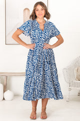 Peggy Midi Dress - Relaxed Mandarin Collar Pleated Bust Tiered Dress in Davey Print Blue