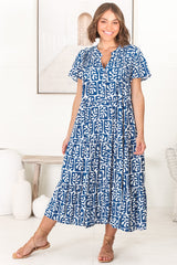 Peggy Midi Dress - Relaxed Mandarin Collar Pleated Bust Tiered Dress in Davey Print Blue