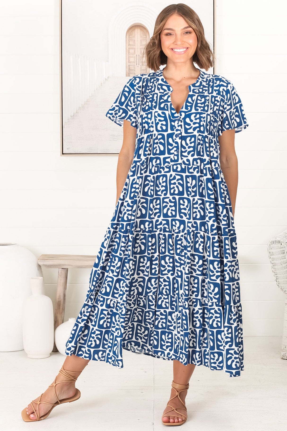 Peggy Midi Dress - Relaxed Mandarin Collar Pleated Bust Tiered Dress in Davey Print Blue