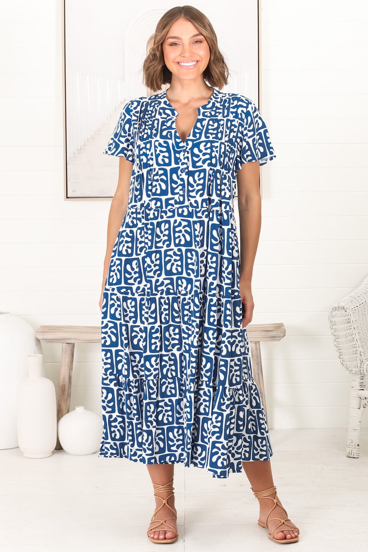 Peggy Midi Dress - Relaxed Mandarin Collar Pleated Bust Tiered Dress in Davey Print Blue