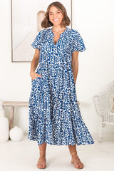 Peggy Midi Dress - Relaxed Mandarin Collar Pleated Bust Tiered Dress in Davey Print Blue