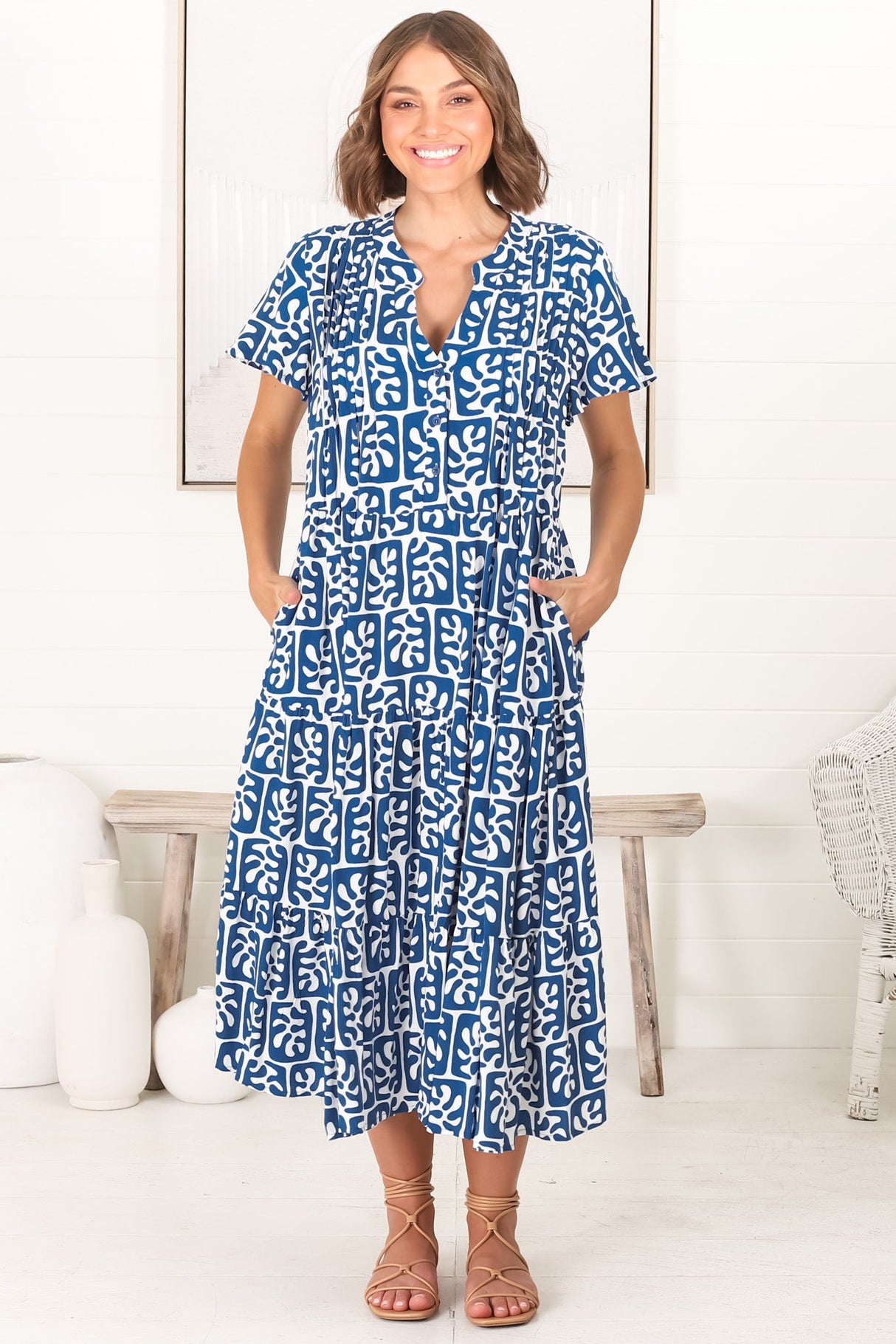 Peggy Midi Dress - Relaxed Mandarin Collar Pleated Bust Tiered Dress in Davey Print Blue