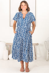 Peggy Midi Dress - Relaxed Mandarin Collar Pleated Bust Tiered Dress in Davey Print Blue