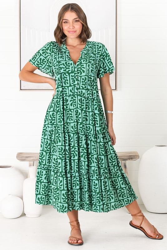 Peggy Midi Dress - Relaxed Mandarin Collar Pleated Bust Tiered Dress in Davey Print Green
