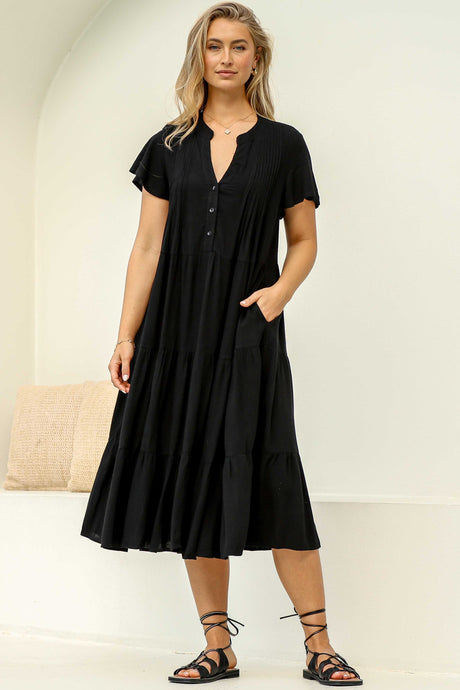 Peggy Midi Dress - Relaxed Mandarin Collar Pleated Bust Tiered Linen Dress in Black