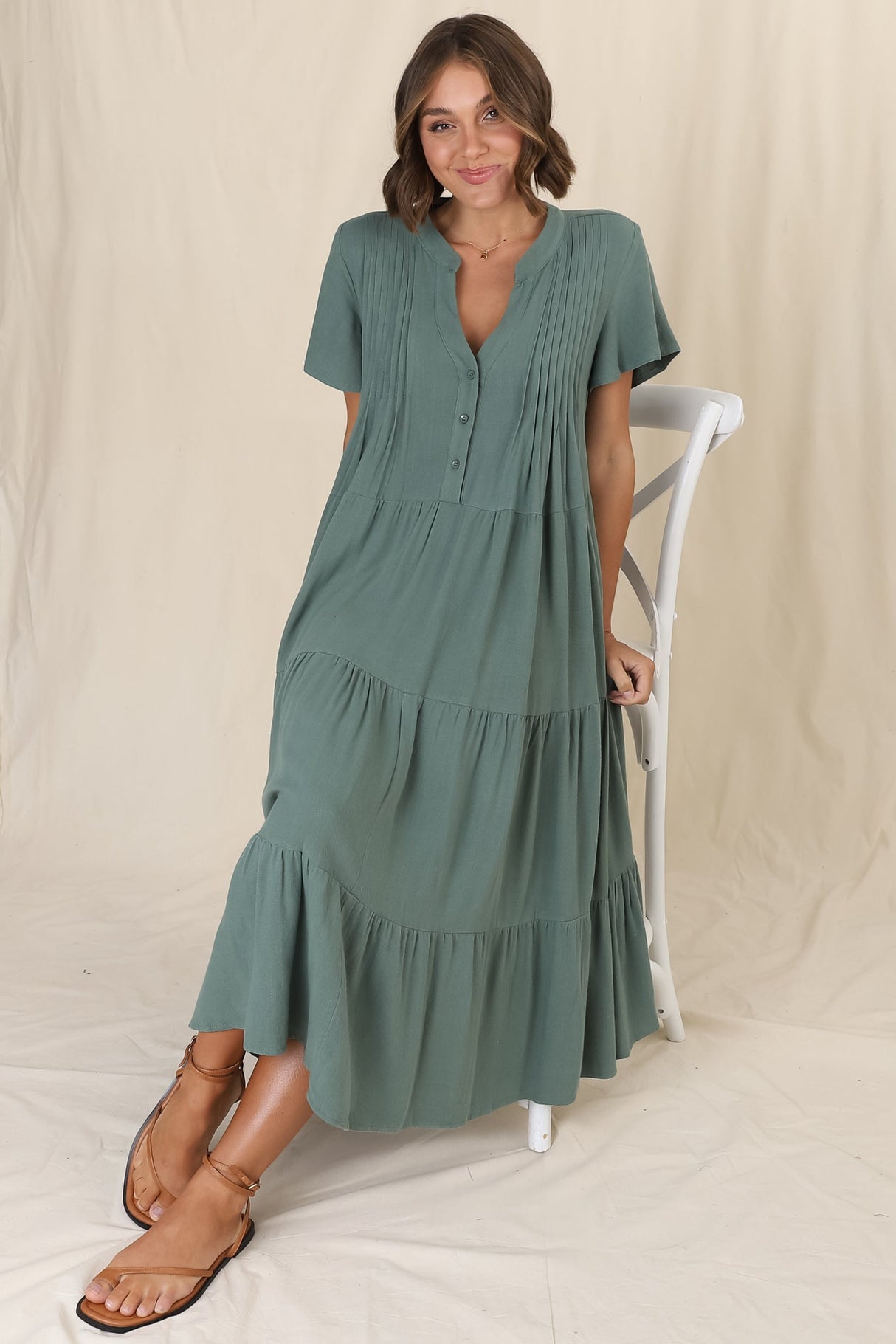 Peggy Midi Dress - Relaxed Mandarin Collar Pleated Bust Tiered Linen Dress in Green