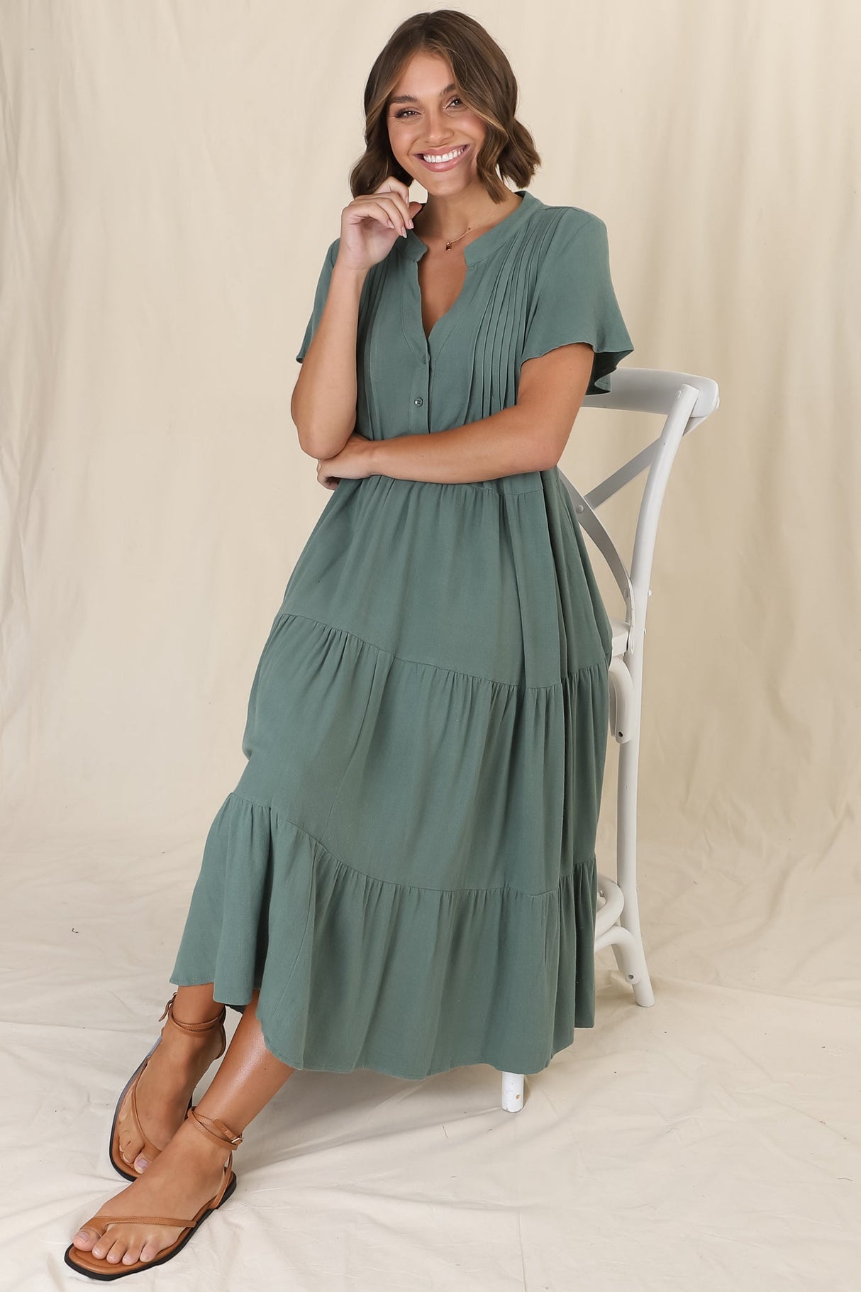 Peggy Midi Dress - Relaxed Mandarin Collar Pleated Bust Tiered Linen Dress in Green