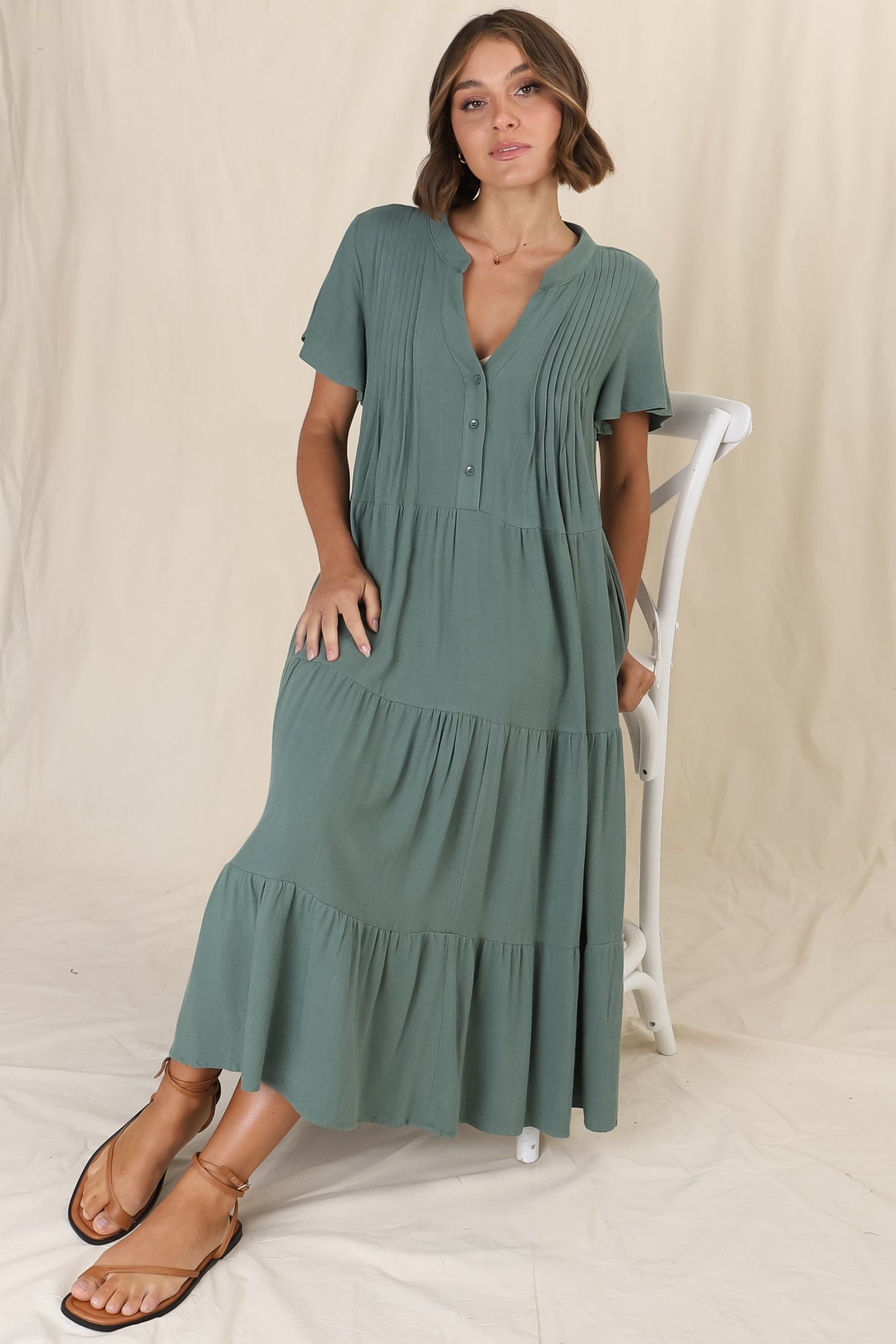 Peggy Midi Dress - Relaxed Mandarin Collar Pleated Bust Tiered Linen Dress in Green