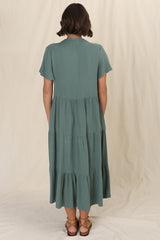 Peggy Midi Dress - Relaxed Mandarin Collar Pleated Bust Tiered Linen Dress in Green