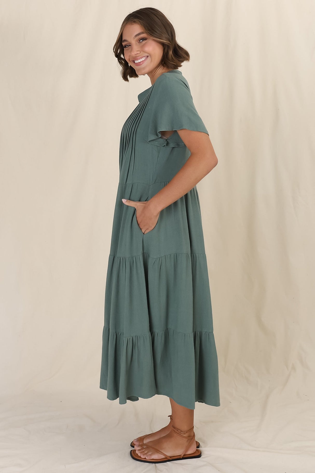 Peggy Midi Dress - Relaxed Mandarin Collar Pleated Bust Tiered Linen Dress in Green