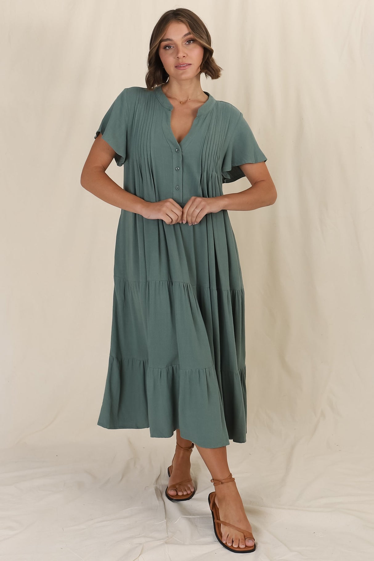 Peggy Midi Dress - Relaxed Mandarin Collar Pleated Bust Tiered Linen Dress in Green