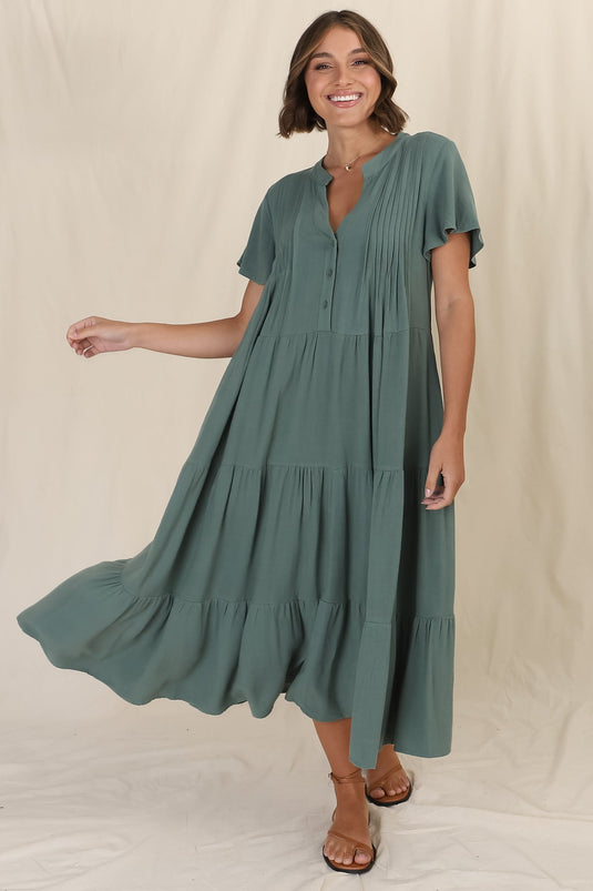 Peggy Midi Dress - Relaxed Mandarin Collar Pleated Bust Tiered Linen Dress in Green