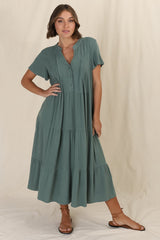 Peggy Midi Dress - Relaxed Mandarin Collar Pleated Bust Tiered Linen Dress in Green