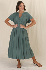 Peggy Midi Dress - Relaxed Mandarin Collar Pleated Bust Tiered Linen Dress in Green