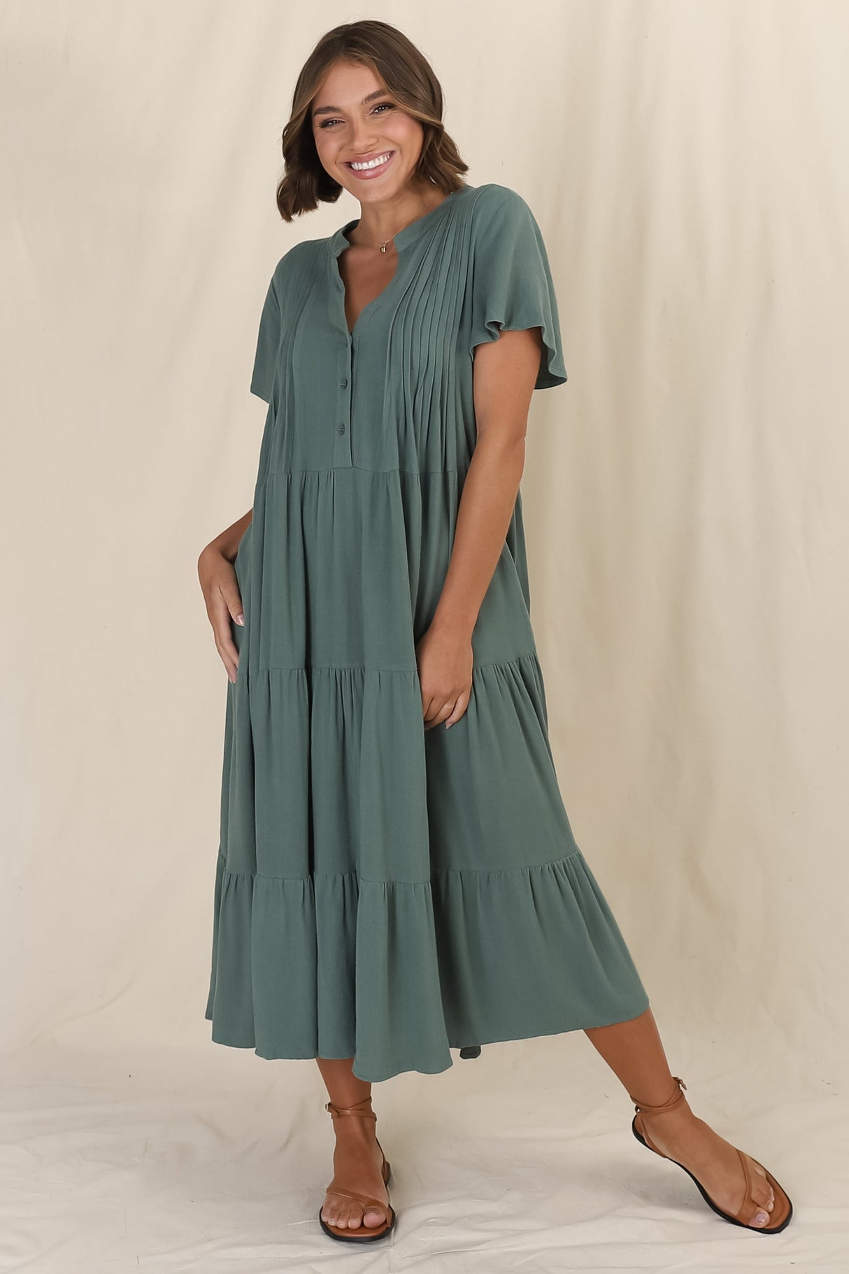 Peggy Midi Dress - Relaxed Mandarin Collar Pleated Bust Tiered Linen Dress in Green