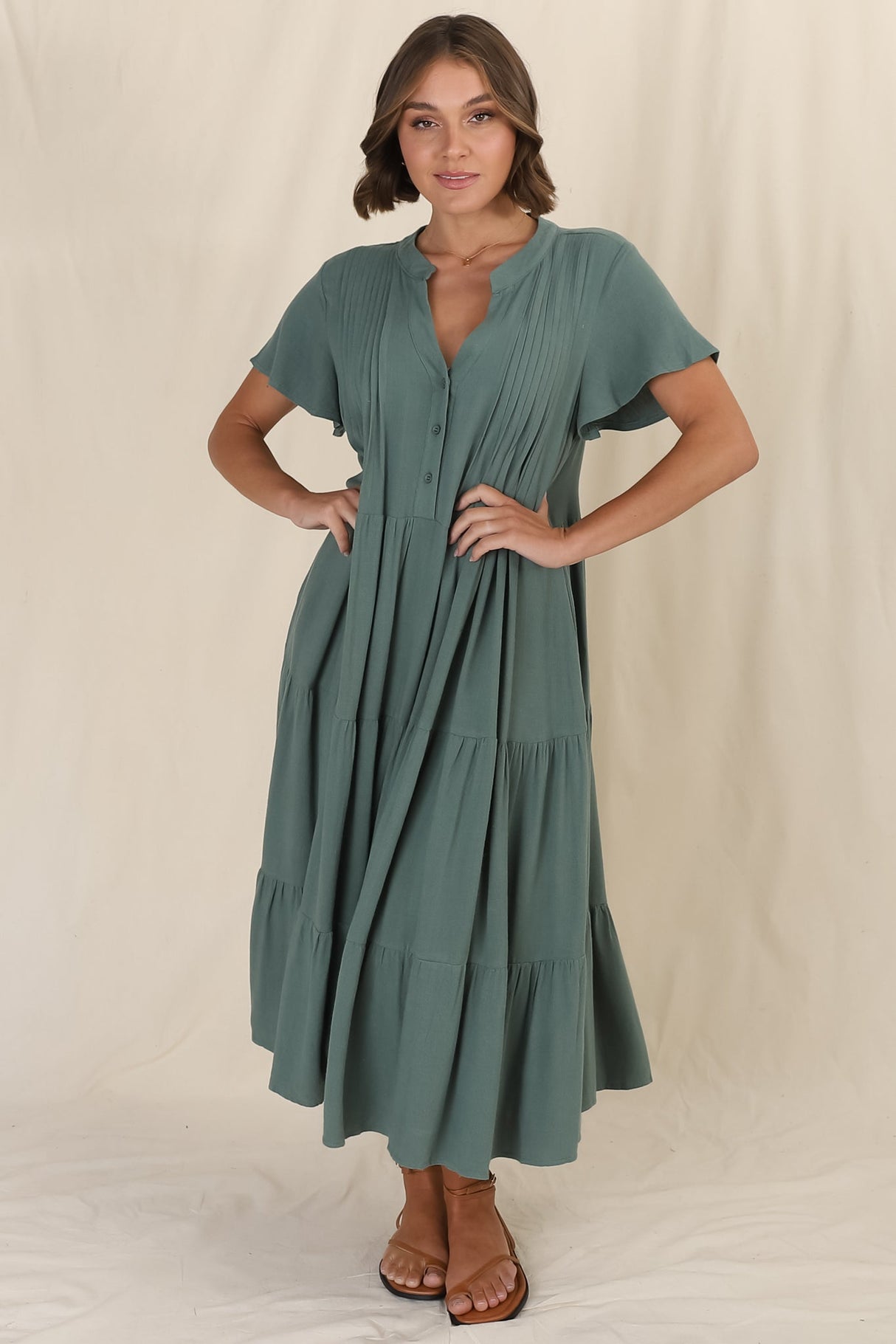 Peggy Midi Dress - Relaxed Mandarin Collar Pleated Bust Tiered Linen Dress in Green