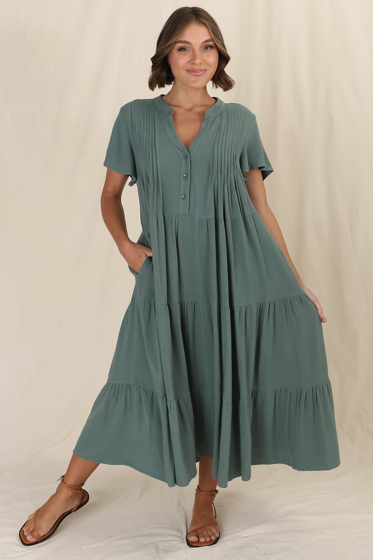 Peggy Midi Dress - Relaxed Mandarin Collar Pleated Bust Tiered Linen Dress in Green