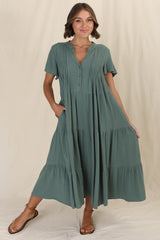 Peggy Midi Dress - Relaxed Mandarin Collar Pleated Bust Tiered Linen Dress in Green