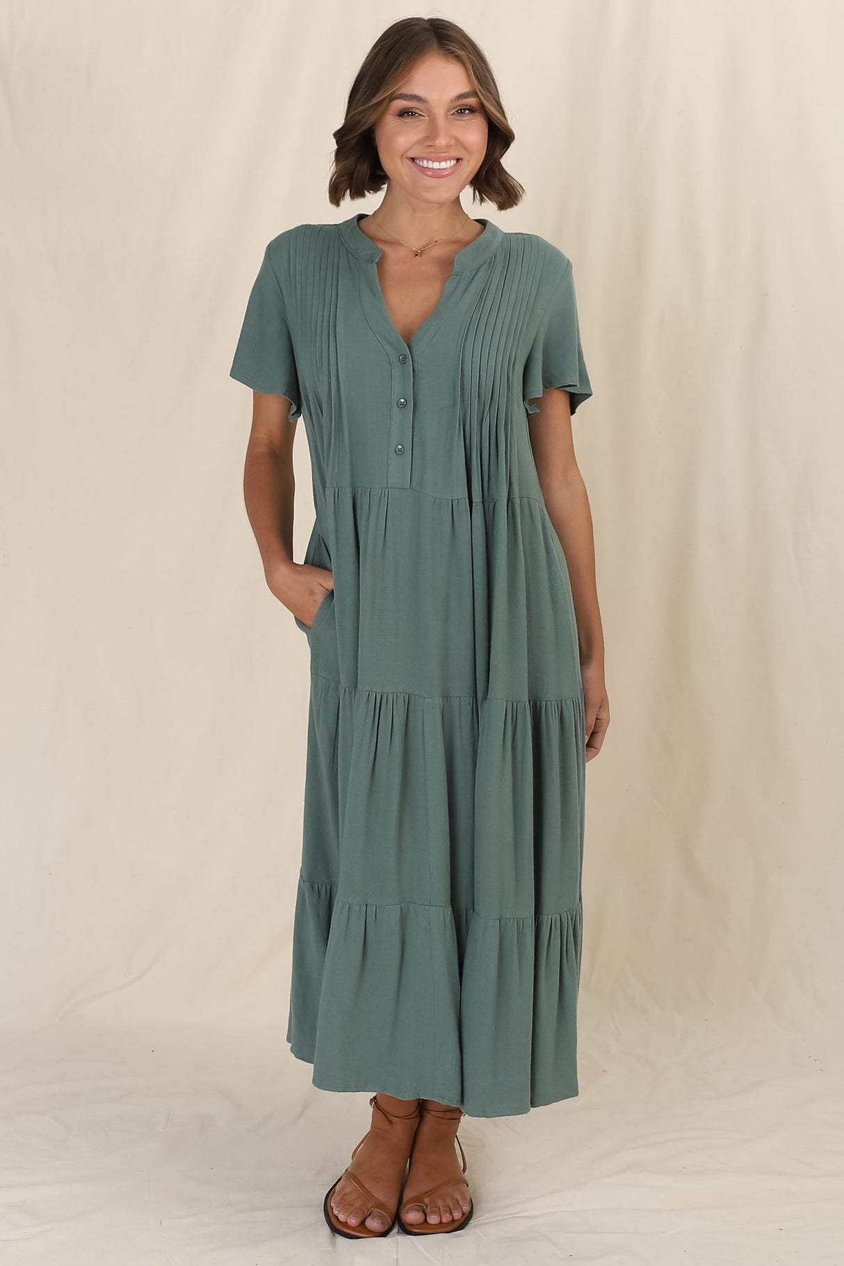 Peggy Midi Dress - Relaxed Mandarin Collar Pleated Bust Tiered Linen Dress in Green