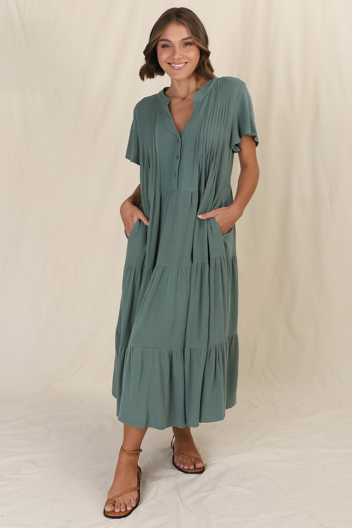 Peggy Midi Dress - Relaxed Mandarin Collar Pleated Bust Tiered Linen Dress in Green