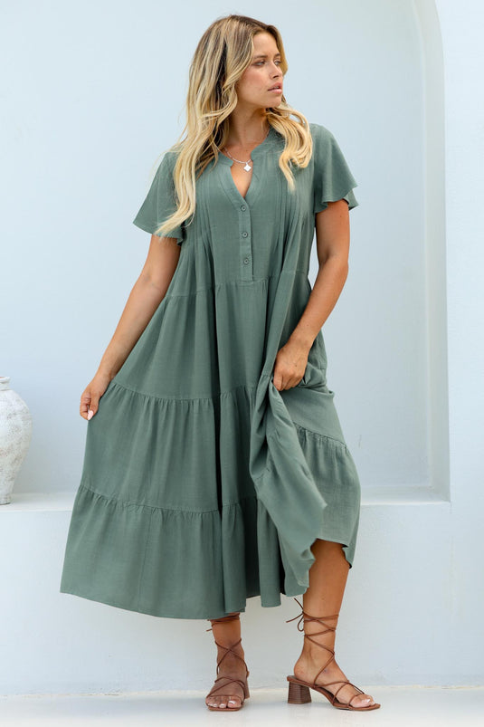 Peggy Midi Dress - Relaxed Mandarin Collar Pleated Bust Tiered Linen Dress in Green