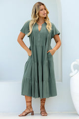 Peggy Midi Dress - Relaxed Mandarin Collar Pleated Bust Tiered Linen Dress in Green