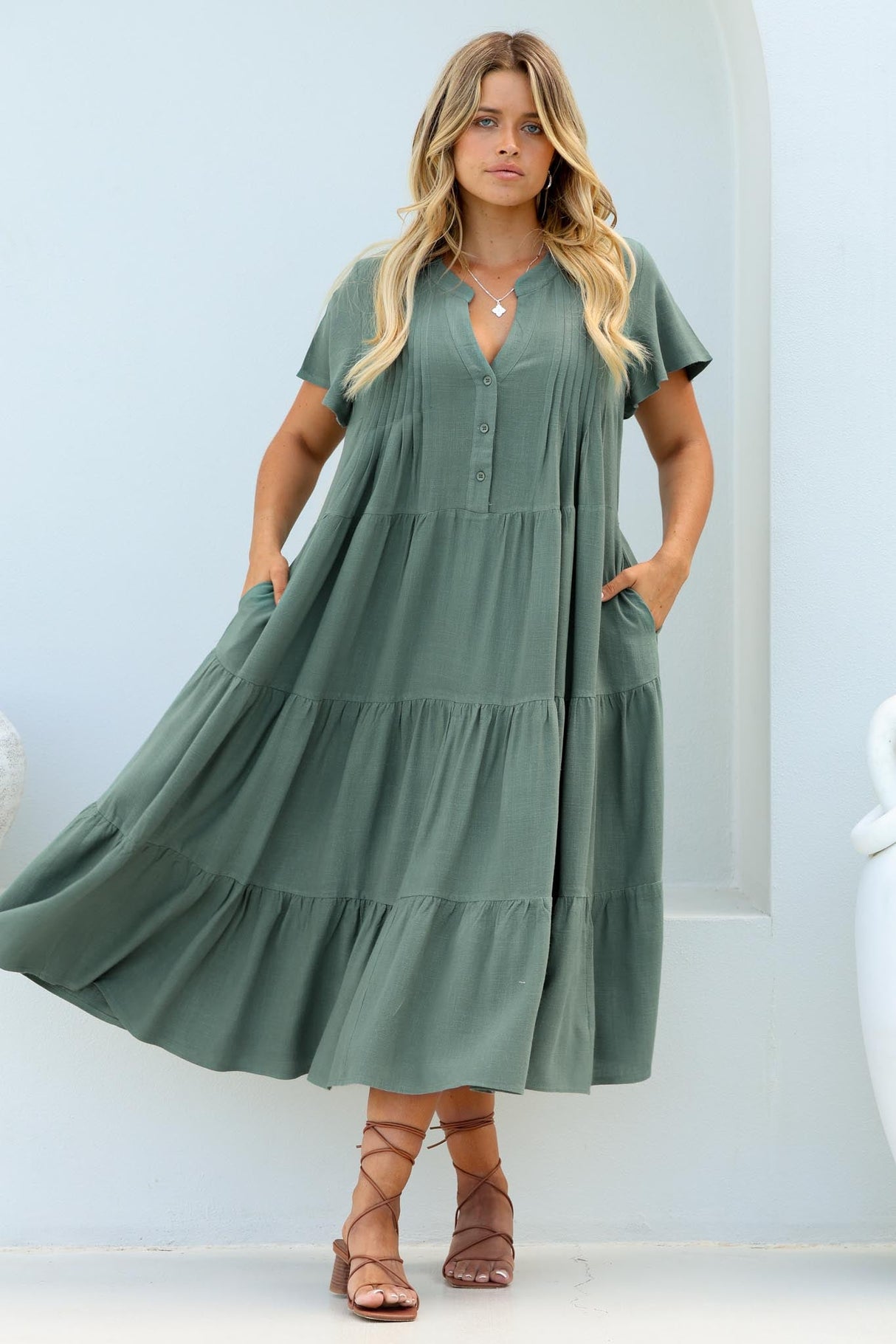 Peggy Midi Dress - Relaxed Mandarin Collar Pleated Bust Tiered Linen Dress in Green