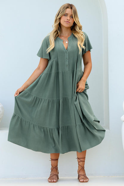 Peggy Midi Dress - Relaxed Mandarin Collar Pleated Bust Tiered Linen Dress in Green