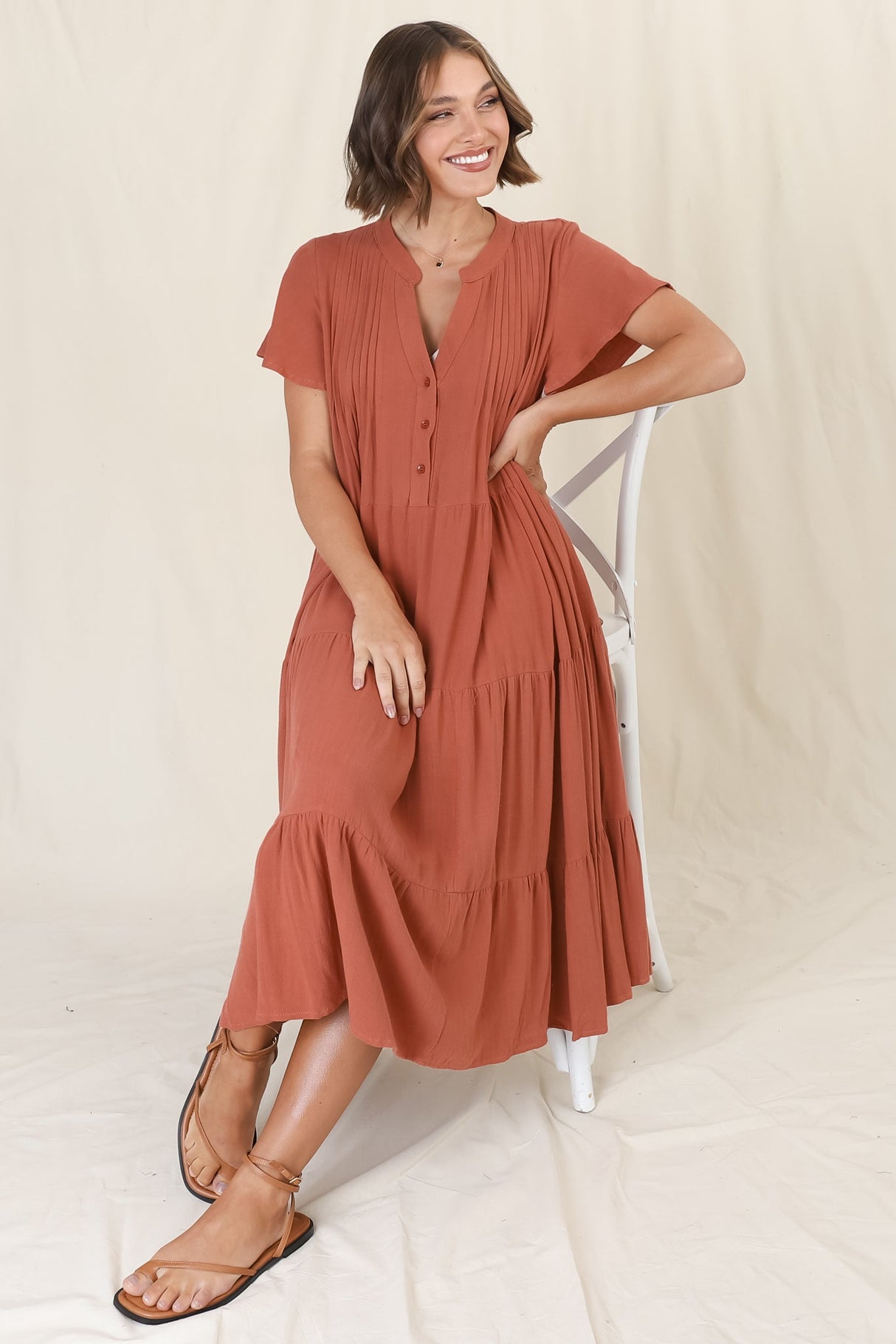 Peggy Midi Dress - Relaxed Mandarin Collar Pleated Bust Tiered Linen Dress in Rust