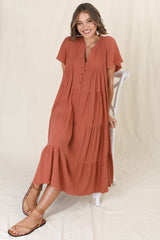 Peggy Midi Dress - Relaxed Mandarin Collar Pleated Bust Tiered Linen Dress in Rust