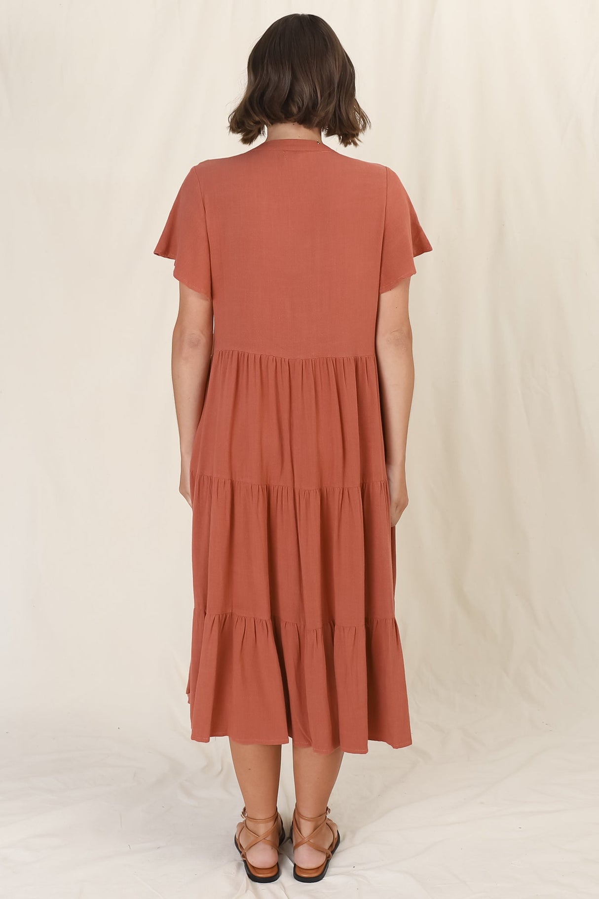 Peggy Midi Dress - Relaxed Mandarin Collar Pleated Bust Tiered Linen Dress in Rust