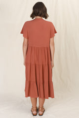 Peggy Midi Dress - Relaxed Mandarin Collar Pleated Bust Tiered Linen Dress in Rust