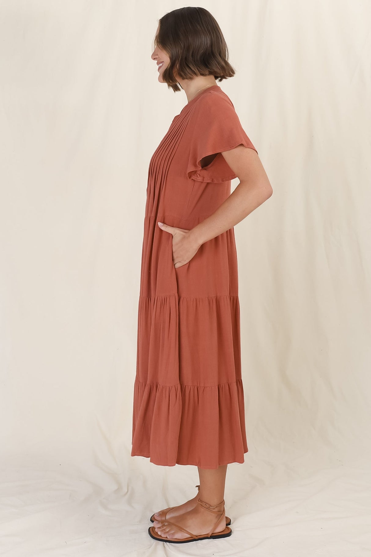 Peggy Midi Dress - Relaxed Mandarin Collar Pleated Bust Tiered Linen Dress in Rust