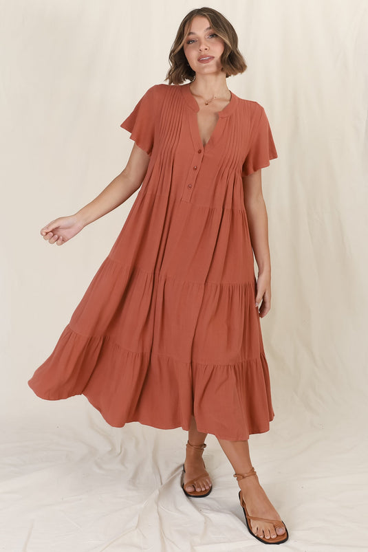 Peggy Midi Dress - Relaxed Mandarin Collar Pleated Bust Tiered Linen Dress in Rust