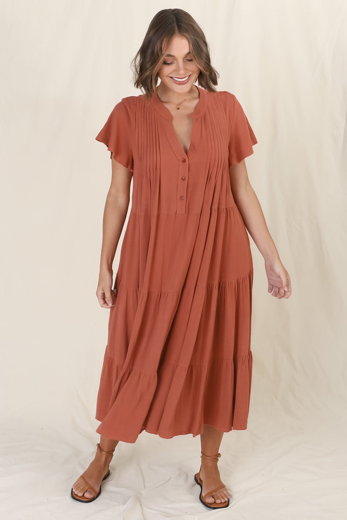 Peggy Midi Dress - Relaxed Mandarin Collar Pleated Bust Tiered Linen Dress in Rust