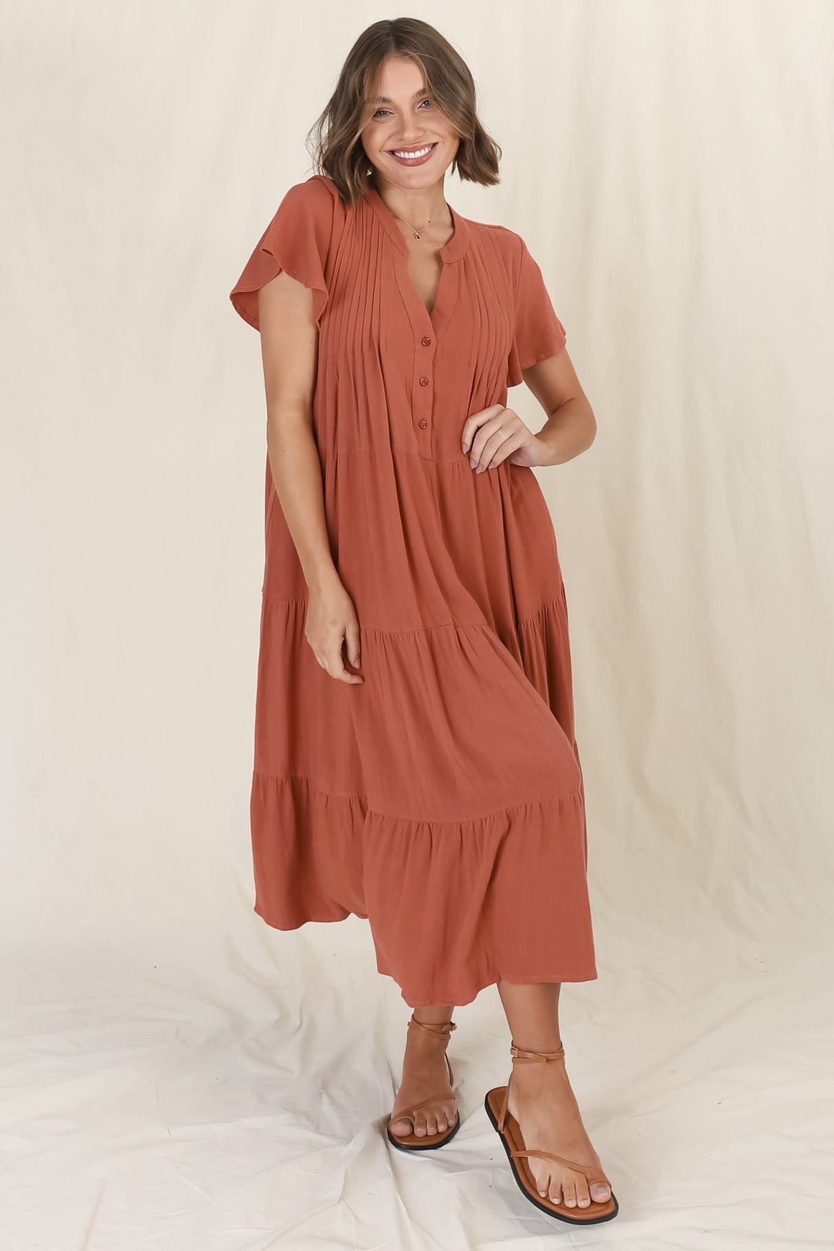 Peggy Midi Dress - Relaxed Mandarin Collar Pleated Bust Tiered Linen Dress in Rust