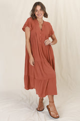 Peggy Midi Dress - Relaxed Mandarin Collar Pleated Bust Tiered Linen Dress in Rust