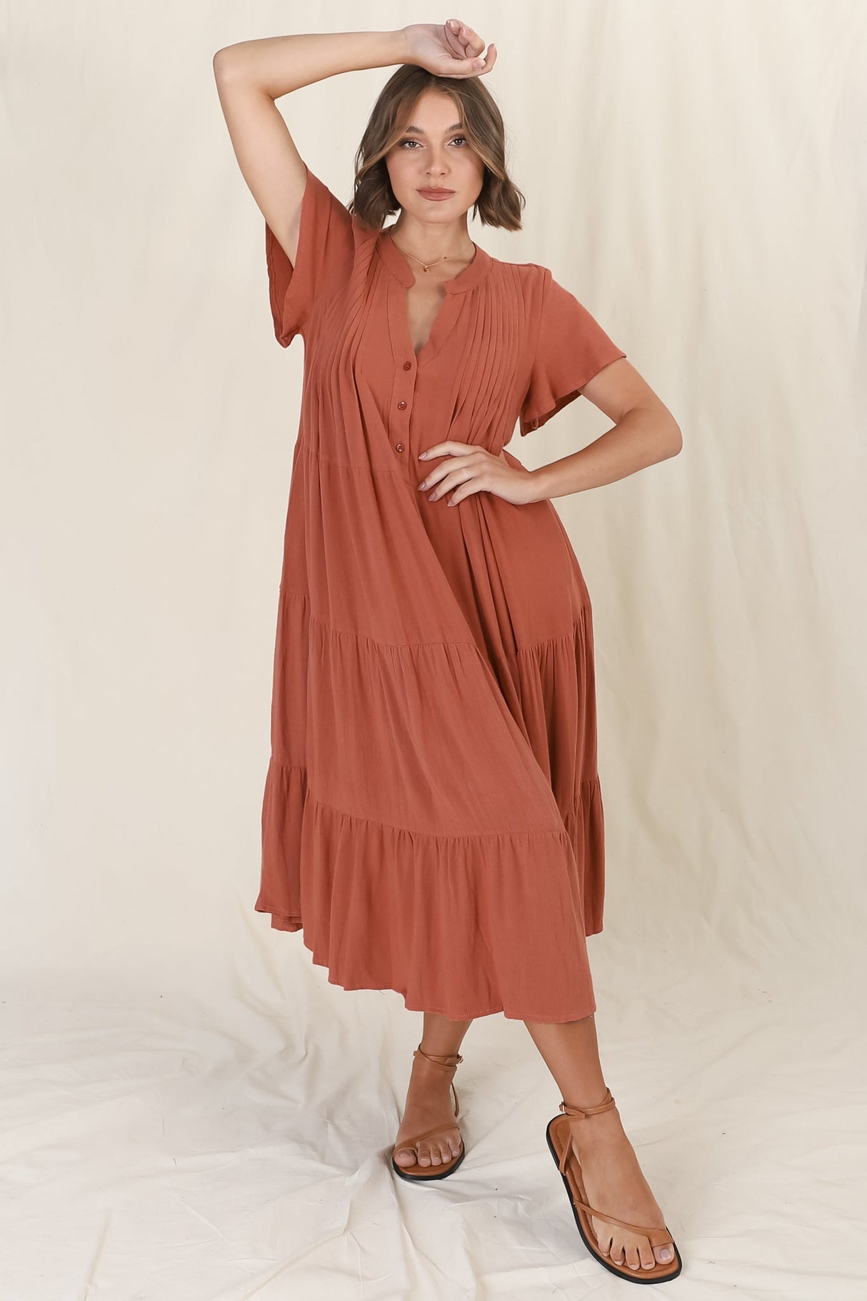 Peggy Midi Dress - Relaxed Mandarin Collar Pleated Bust Tiered Linen Dress in Rust