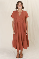 Peggy Midi Dress - Relaxed Mandarin Collar Pleated Bust Tiered Linen Dress in Rust