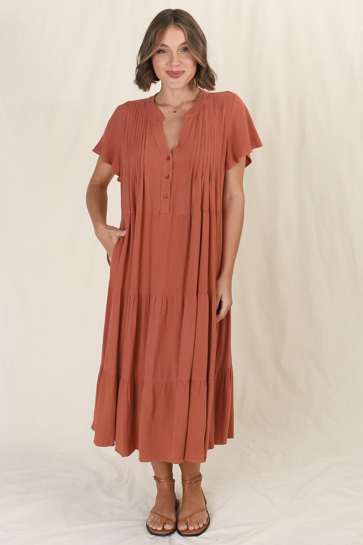 Peggy Midi Dress - Relaxed Mandarin Collar Pleated Bust Tiered Linen Dress in Rust