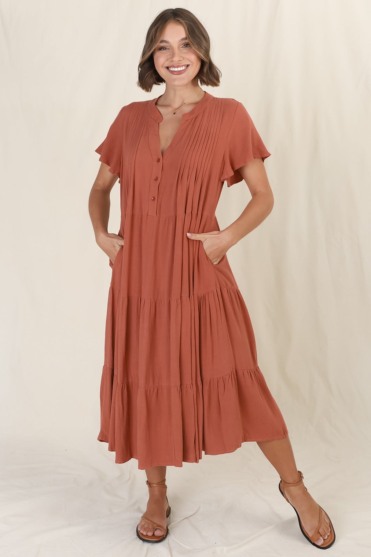 Peggy Midi Dress - Relaxed Mandarin Collar Pleated Bust Tiered Linen Dress in Rust