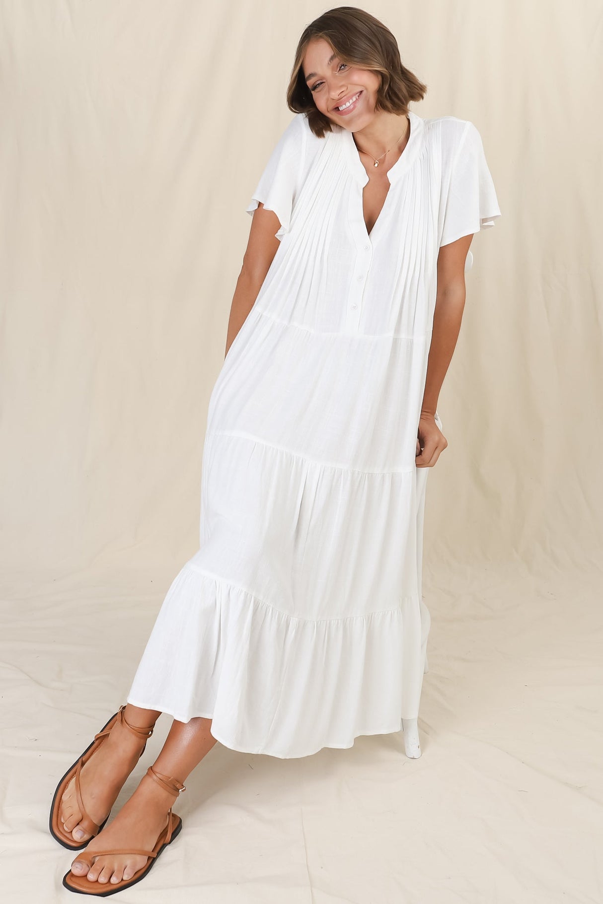 Peggy Midi Dress - Relaxed Mandarin Collar Pleated Bust Tiered Linen Dress in White