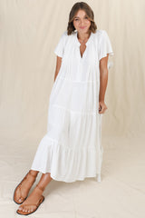 Peggy Midi Dress - Relaxed Mandarin Collar Pleated Bust Tiered Linen Dress in White