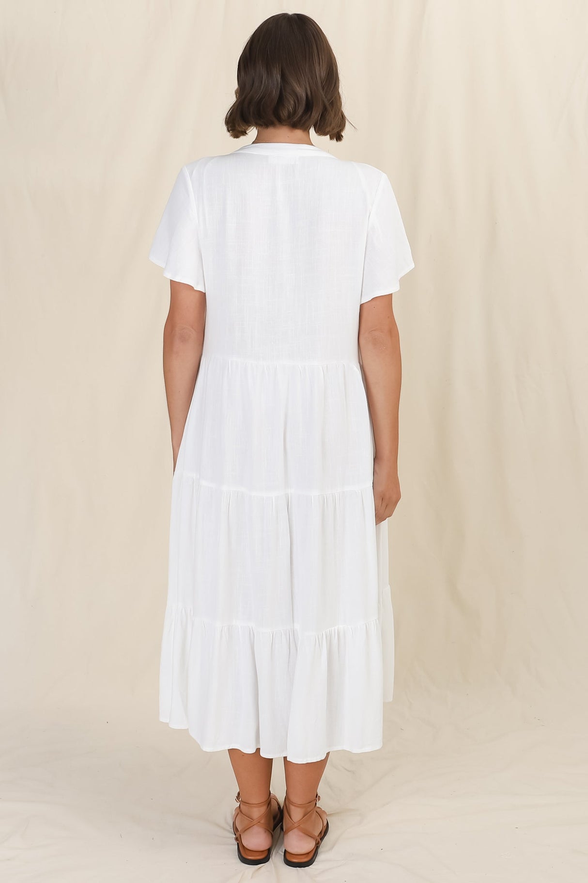 Peggy Midi Dress - Relaxed Mandarin Collar Pleated Bust Tiered Linen Dress in White