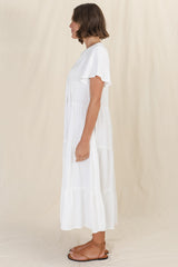 Peggy Midi Dress - Relaxed Mandarin Collar Pleated Bust Tiered Linen Dress in White