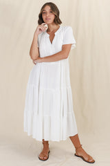 Peggy Midi Dress - Relaxed Mandarin Collar Pleated Bust Tiered Linen Dress in White