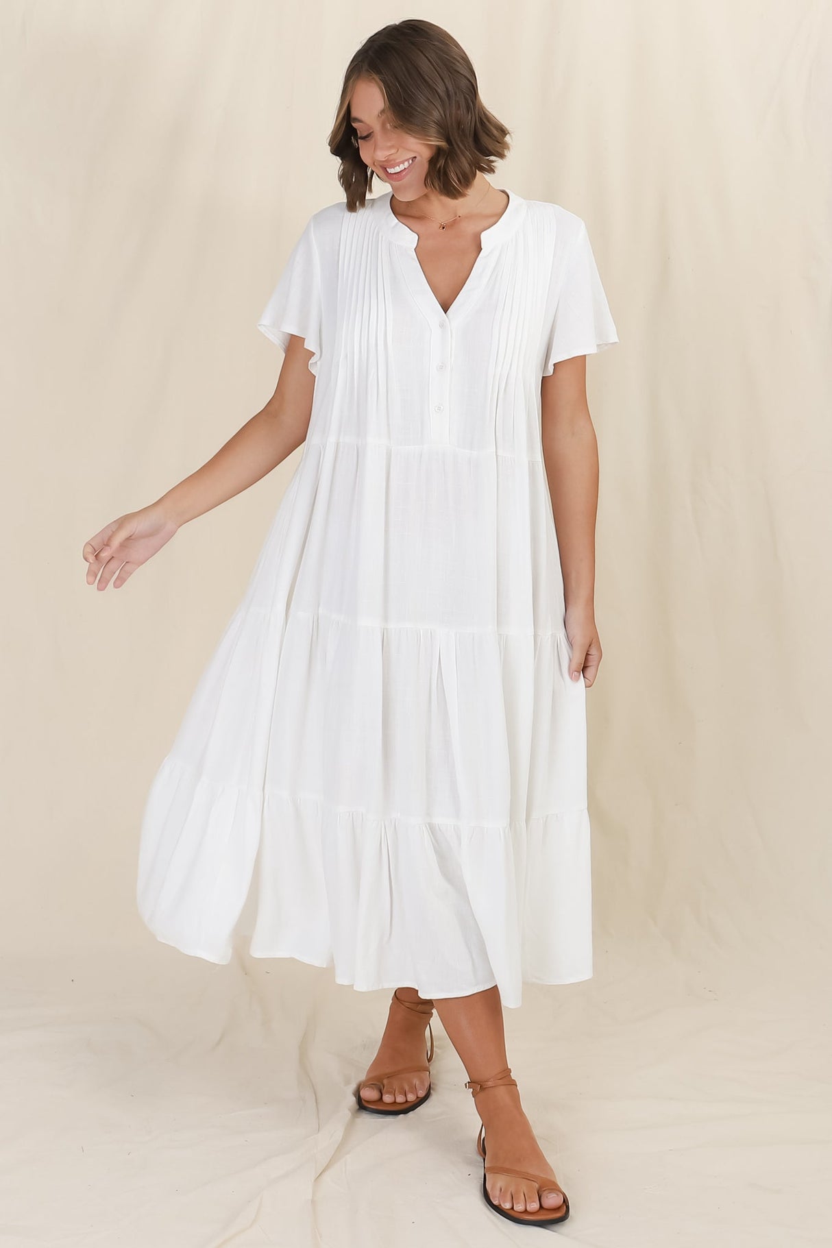 Peggy Midi Dress - Relaxed Mandarin Collar Pleated Bust Tiered Linen Dress in White