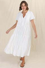 Peggy Midi Dress - Relaxed Mandarin Collar Pleated Bust Tiered Linen Dress in White