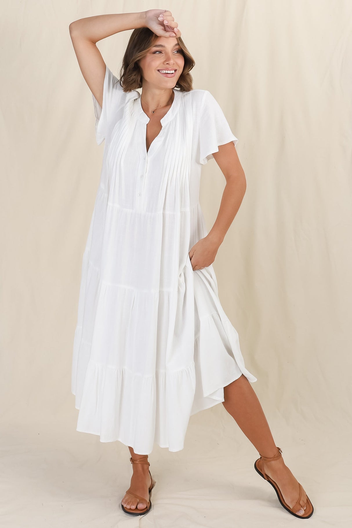 Peggy Midi Dress - Relaxed Mandarin Collar Pleated Bust Tiered Linen Dress in White